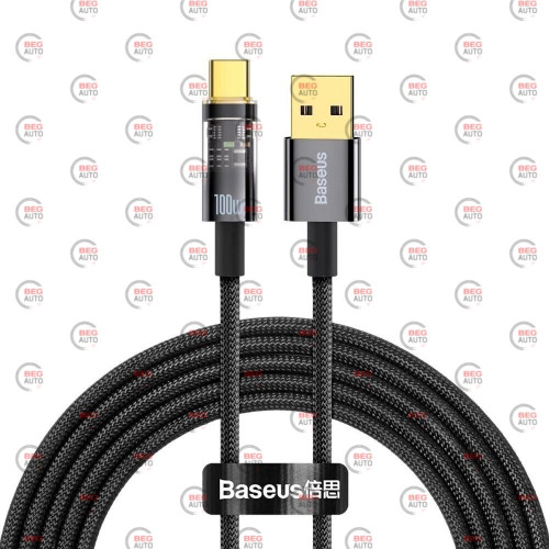 кабель для зарядки Baseus  USB - Type-C, 2м, черный круглый тканевая оплетка QC передача данных 100W