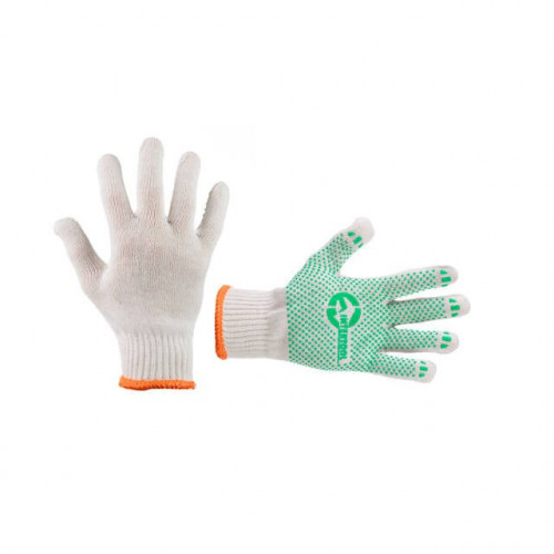 перчатки трикотаж. с ПВХ покрыт.,  7 класс  Intertool  размер 10, белые, зеленый рисунок