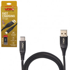 кабель для заряджання Voin  USB - Type-C,  1м, 3.0А  чорний, круглий кауч. обплетення, позолоч. роз