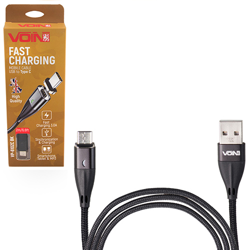 кабель для зарядки магнитный Voin  USB - Type-C,  2м, 3.0А  черный  (быстр. заряд, перед. данных)