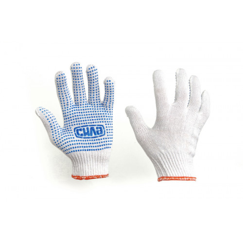 рукавиці трикотажні із ПВХ покрит.,  7 клас, розмір 10, білі, синя крапка + лого Сила