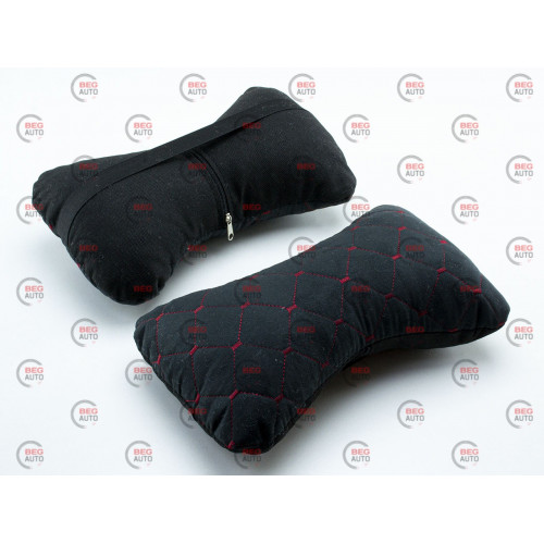подушки для шеи на подголовник (2шт) 250х170мм, алькантара, черные, красный ромб