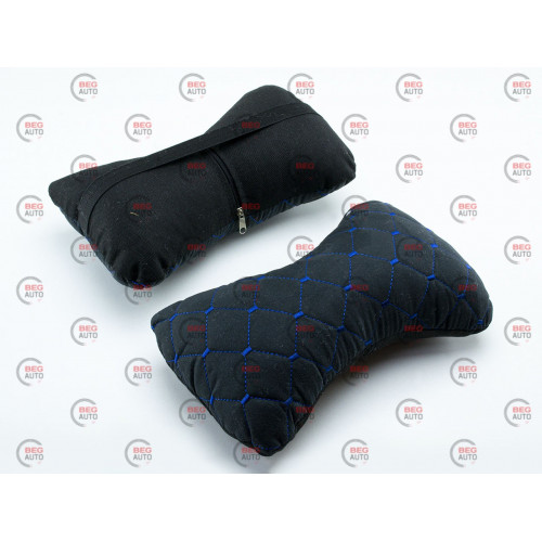 подушки для шеи на подголовник (2шт) 250х170мм, алькантара, черные, синий ромб