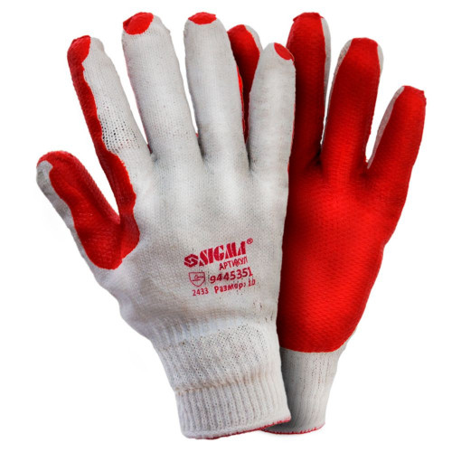 перчатки порезоустойчивые х/б с резиновым покрыт. ладони, размер  9, красные
