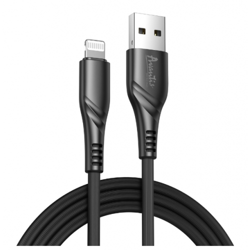 кабель для заряджання Avantis  USB - iPhone,  1м, 3.0A  чорний, круглий рифлене обплет.  Business