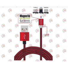 кабель для заряджання магнітний Reddax USB-Micro USB/iPhone/Type-C "3в1",1м червона ткан. обплт. LED