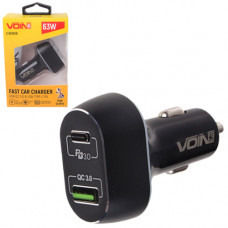 зарядний пристрій від прикур. Voin  1USB + 1 USB Type-C PD  3.0А QC (63W), чорний Євро