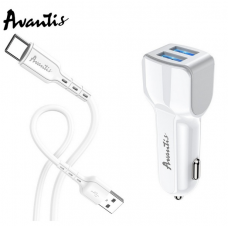 зарядка от прикуривателя Avantis  2USB  2.4А прямоугол. белый + кабель USB -  Type C Евро