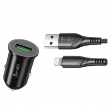 зарядний пристрій від прикур. Avantis   USB  3.0А круглий. чорний, QC 3,0 + кабель USB -  iPhone, 18