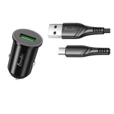 зарядний пристрій від прикур. Avantis   USB  3.0А круглий. чорний, QC 3,0 + кабель USB - Micro USB,