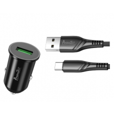 зарядний пристрій від прикур. Avantis   USB  3.0А круглий. чорний, QC 3,0 + кабель USB - Type C, 18W