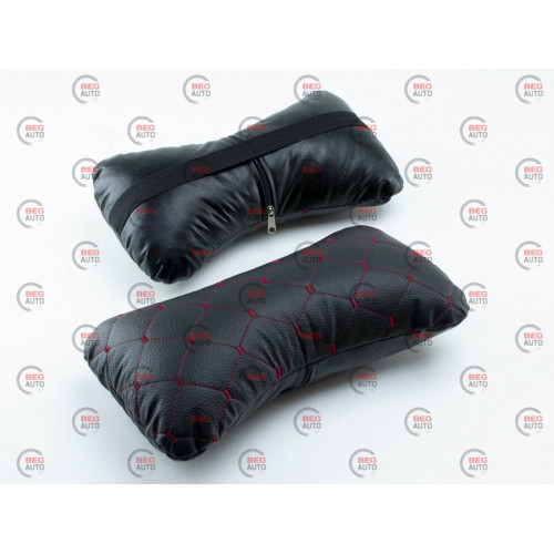 подушки для шеи на подголовник (2шт) 250х170мм, кожзам, черные, красный ромб