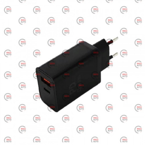 зарядка от cети 220В на  USB + Type C 3.0A, QC 18W, черная