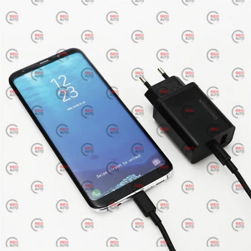 зарядка от cети 220В на  USB + Type C 3.0A, QC 18W + кабель USB - Micro, черная