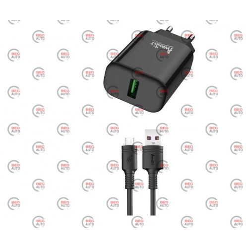 зарядка от cети 220В на  USB 3.0A черная, QC 3.0 + кабель USB - Micro USB, 18W