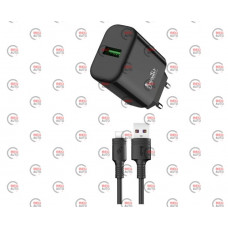 зарядний пристрій від мережі 220В на  USB 3.0A чорний, QC 3.0 + кабель USB - Type C, 18W