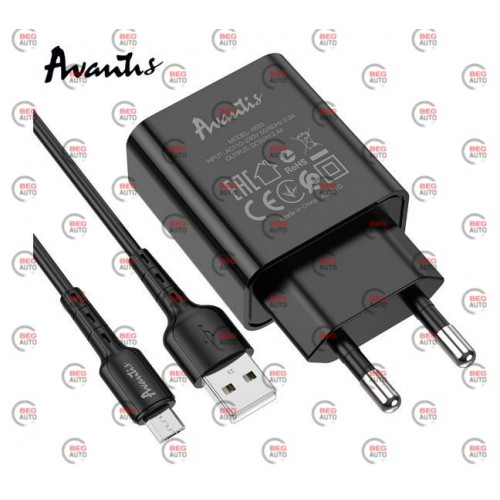 зарядка от cети 220В на  USB 2.4A черная + кабель USB - Micro USB