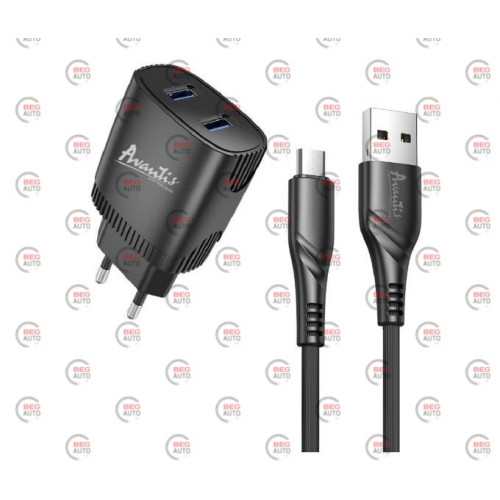 зарядка от cети 220В на  2USB 2.4A черная + кабель USB - Micro USB