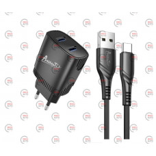 зарядка от cети 220В на  2USB 2.4A черная + кабель USB - Type C