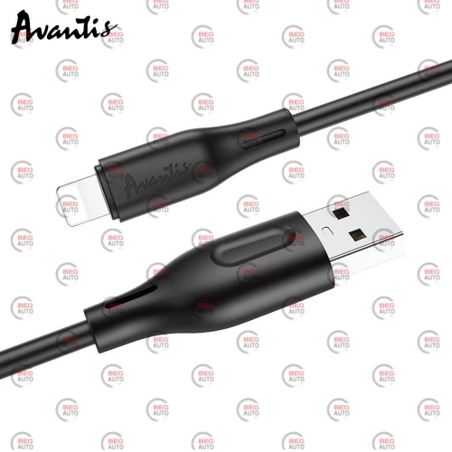 кабель для зарядки Avantis  USB - iPhone,  2м, 2,4А  черный, круглый силиконовая оплетка QC