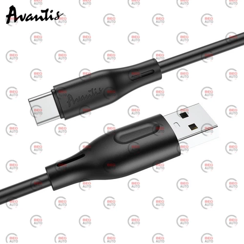 кабель для зарядки Avantis  USB - Type-C,  2м, 3,0А  черный, круглый силиконовая оплетка QC