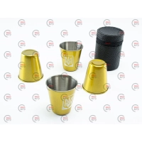 стакан автомобильный нержавейка  70 мл в кожаном футляре (4шт) с золотистым напылением "герб"