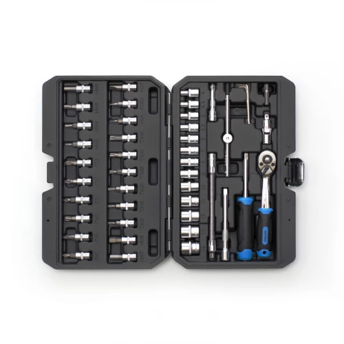 набір інструменту  1/4"  46 шт,  4-14 мм з тріск., подовж., кардан, отв.-вороток, біти