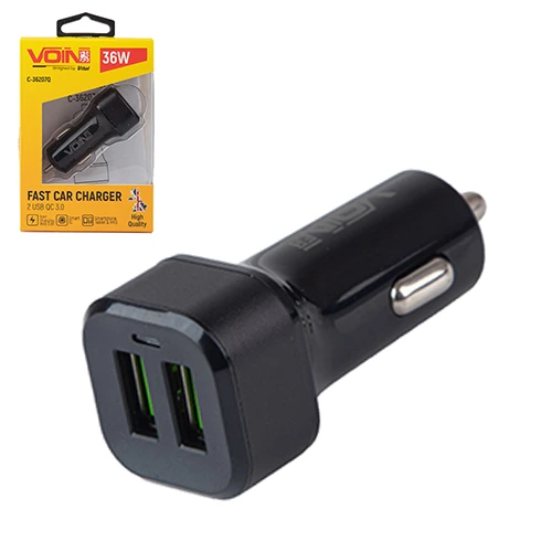 зарядка от прикуривателя Voin  2USB  3.0А QC (36W), прямоугол. черный, Евро
