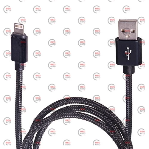 кабель для зарядки Pulso  USB - iPhone,  1м  черный, круглый каучуковая оплетка