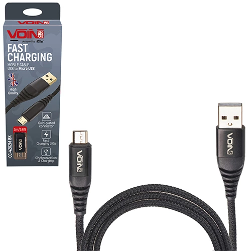 кабель для зарядки Pulso  USB - Micro USB,  2м, 3.0А  черный, круглый кауч. оплетка, позолоч. разъе