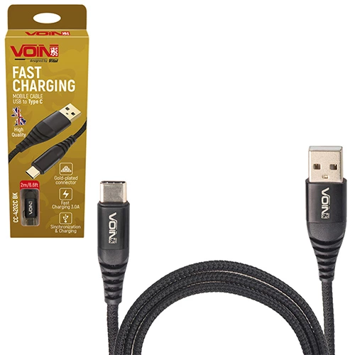 кабель для зарядки Pulso  USB - Type-C,  2м, 3.0А  черный, круглый кауч. оплетка, позолоч. разъемы