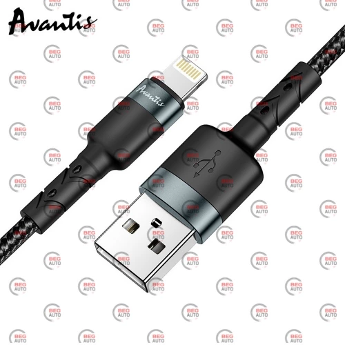 кабель для зарядки Avantis  USB - iPhone,  1м, 2.0А  черный, круглый тканевая оплетка