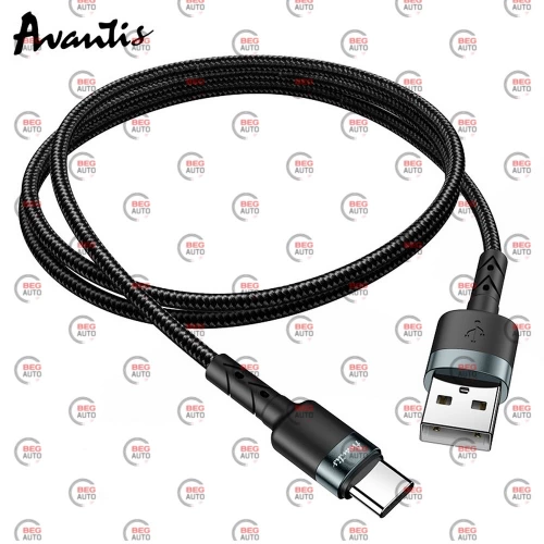 кабель для зарядки Avantis  USB - Type-C,  1м, 3.0А  черный, круглый тканевая оплетка