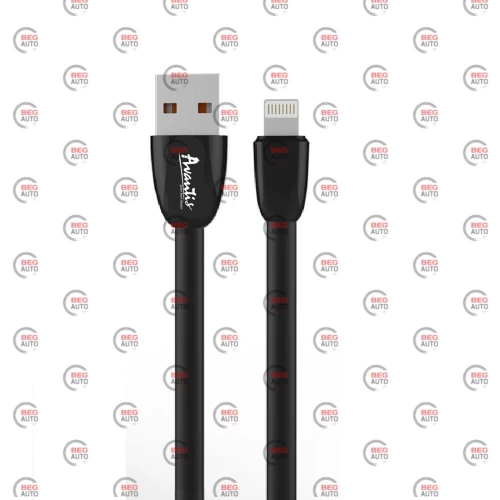 кабель для зарядки Avantis  USB - iPhone,  1м, 2.0А  черный, плоский силиконовая оплетка Plane