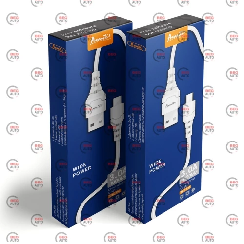 кабель для зарядки Avantis  USB - Micro USB,  1м, 3.0А  белый, круглый силиконовая оплетка QC