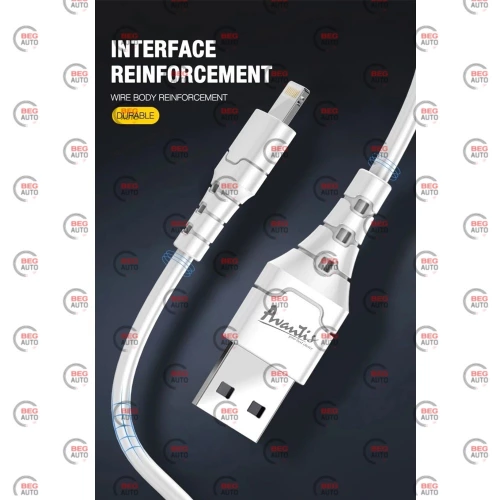 кабель для зарядки Avantis  USB - iPhone,  1м, 3.0А  белый, круглый силиконовая оплетка QC