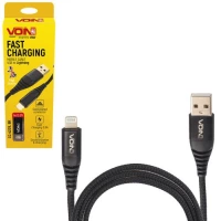 кабель для зарядки Voin  USB - iPhone,  1м, 3.0А  черный, круглый кауч. оплетк, позолоч, разъемы