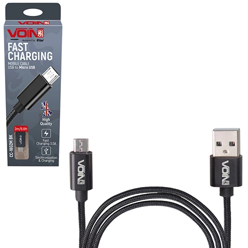 кабель для зарядки Voin  USB - Micro USB,  2м, 3.0А  черный, круглый кауч. оплетка