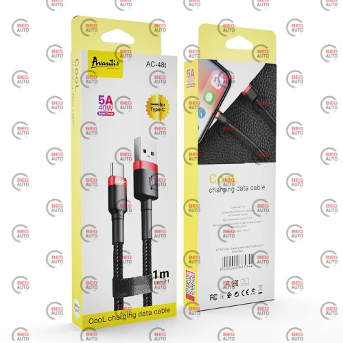 кабель для зарядки Avantis  USB - Type-C,  1м, 3.0А  черный, круглый тканевая оплетка
