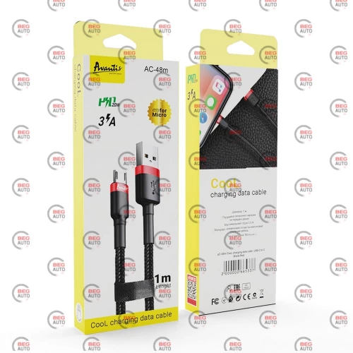 кабель для зарядки Avantis  USB - Micro USB,  1м, 3.0А  черный, круглый тканевая оплетка