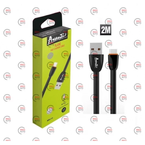 кабель для зарядки Avantis  USB - Micro USB,  2м, 3.0А  черный, плоский силиконовая оплетка Plane