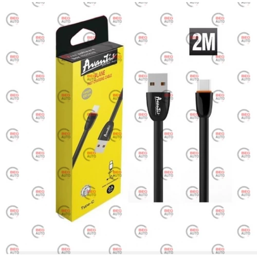 кабель для зарядки Avantis  USB - Type-C,  2м, 3.0А  черный, плоский силиконовая оплетка Plane