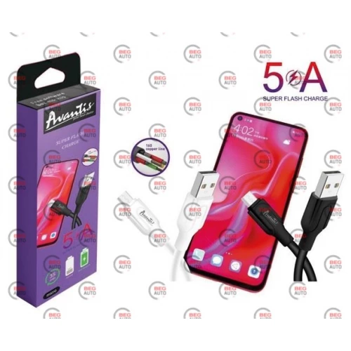 кабель для зарядки Avantis  USB - Micro USB,  1м, 5.0А  белый, круглый силик. опл. QC Super Flash