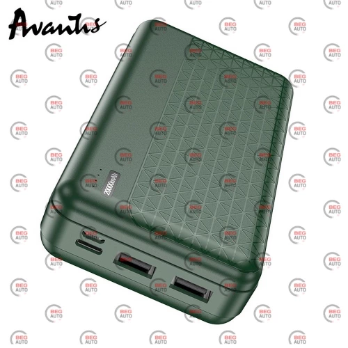 повербанк 20000 mAh, 2 USB виходи, заряд через MicroUSB/Type-C, індикатор заряду зелений Avantis