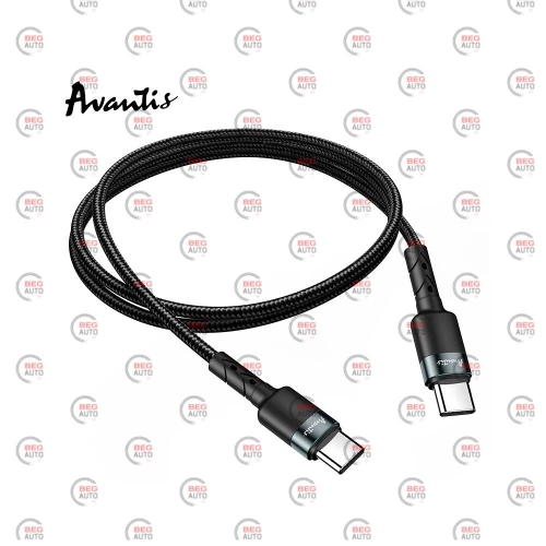 кабель для зарядки Avantis  Type-C - Type-C,  1м, 3.0А  черный, круглый тканевая оплетка, QC, 60W