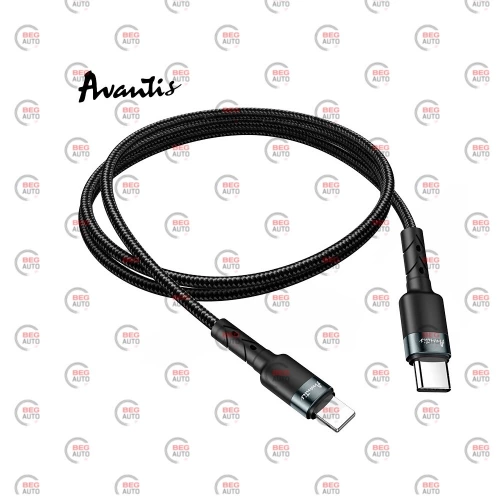 кабель для зарядки Avantis  Type-C - iPhone,  1м, 3.0А  черный, круглый тканевая оплетка, QC, PD 20W