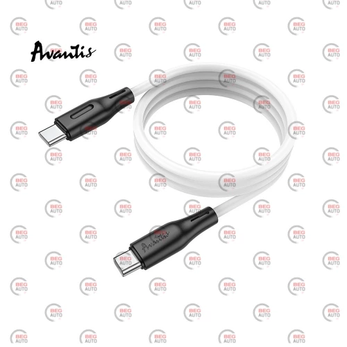 кабель для заряджання Avantis  Type-C - Type-C,  1м, 3.0А білий, круглий силіконове обплет. QC, 60W