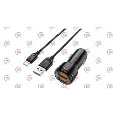 зарядний пристрій від прикур. Borofone  2USB  3.0А чорний,  QC 3.0 + кабель USB - Type C, 18W  Євро