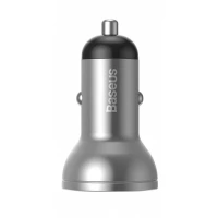 зарядний пристрій від прикур. Baseus  2USB 4.8А круглий срібний, LED дисплей QC (24W),  Євро