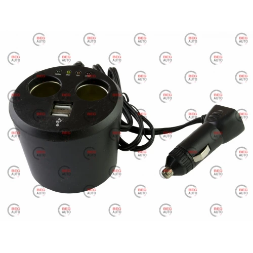 разветвитель прикур. 2 вых.   5А/  60Вт, 2 USB 2.0А, провод 0,70м, Евро, в подстаканник